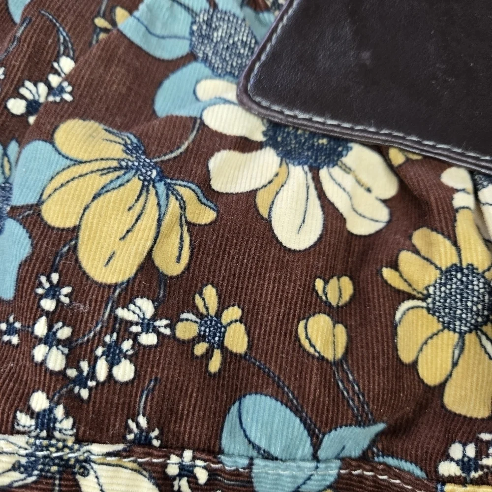 Brown Floral Handbag with Blue and Yellow Accents
